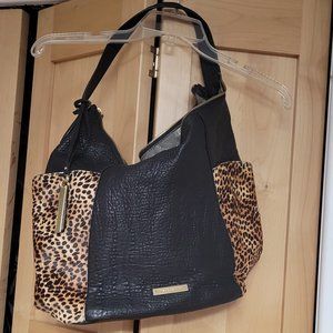 Vince Camuto Leather Purse w/Dust Cover, Black with Tan Leopard Print
